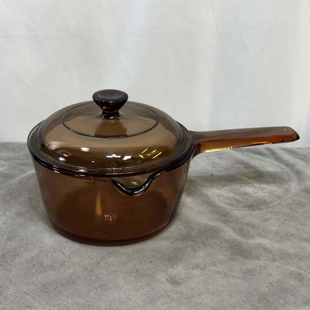 Corning Visions Amber Glass Sauce Pan With Lid 1 Liter USA VTG Condition Issues